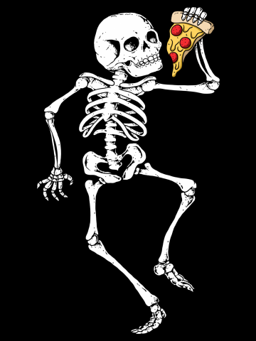 A skeleton enjoying a slice of pizza