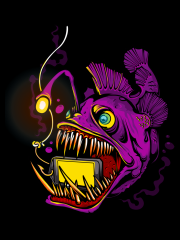 Angry Angler fish with phone illustrations