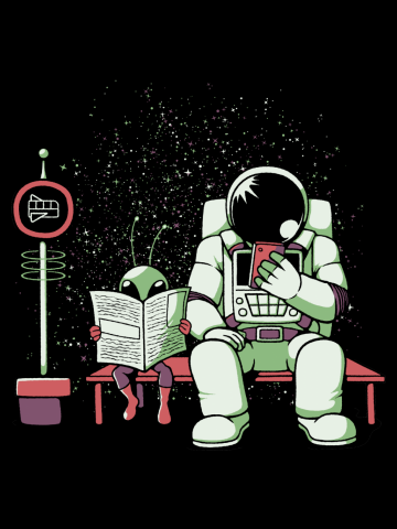 Astronaut In a Bus Stop Funny Alien Reading Newspaper