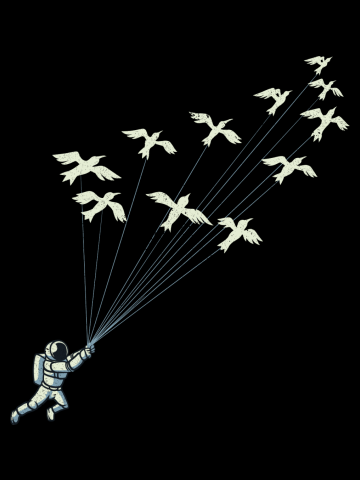Astronaut Prince Flying With Birds Black and White