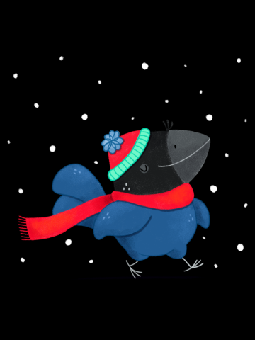 Bird walking in the snow with scarf