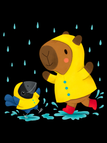 Capybara and Bird having fun in the rain