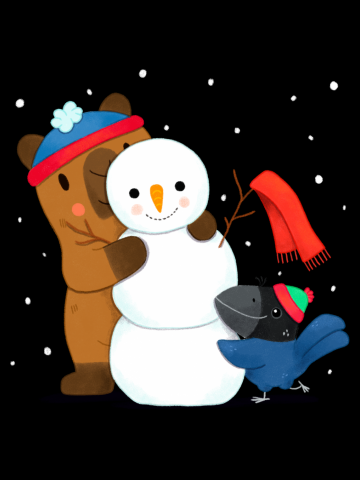 Capybara and Bird making a Snowman