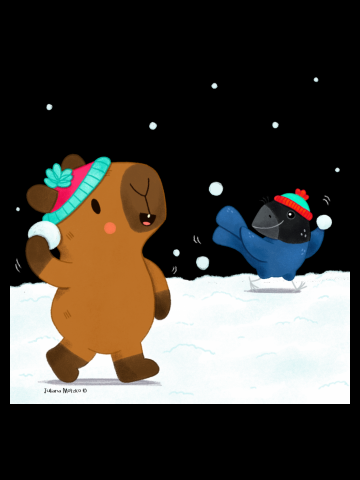 Capybara and Bird playing Snowball Fight