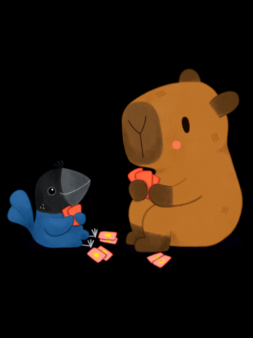 Capybara and Bird playing a card game