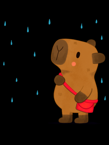 Capybara looking at the rain drops