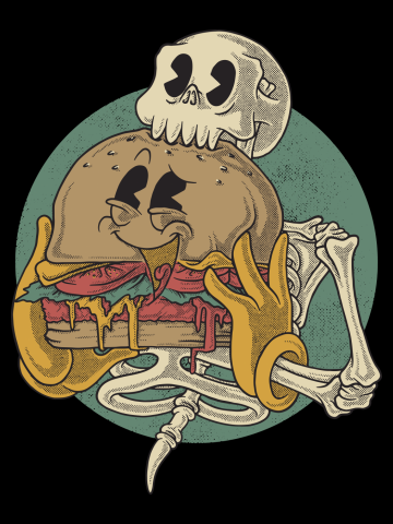 Cartoon retro skull eating burger