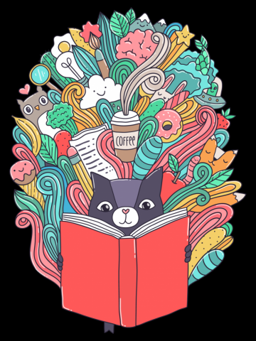 Cat reading a book
