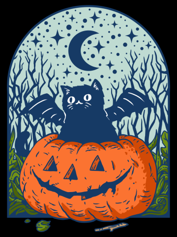 Cat with bat wings in a jack o lantern