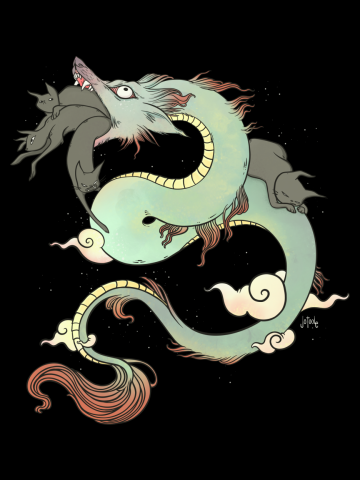 Chinese Dragon With Wolf Head And Black Cats Surreal Artwork