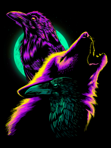 Crows and wolf howling under the moon