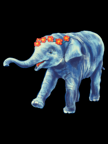 Cute Elephant In Blue With Wreath Of Flowers