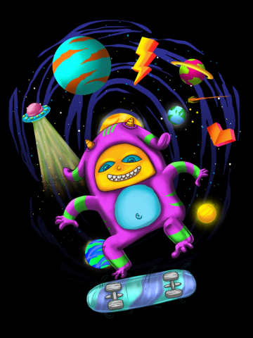 Cute alien monster skate in space