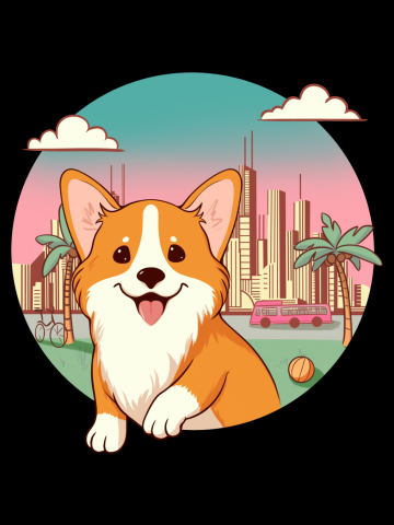 Cute corgi against the backdrop of a sunset city