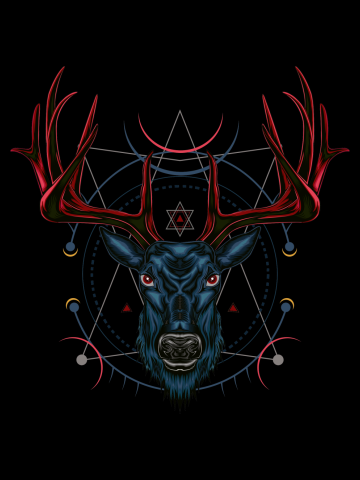 Deer head illustration with ornament design on the dark background in serious face