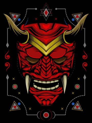 Demon mask illustration with sacred symbol. Japanese design template