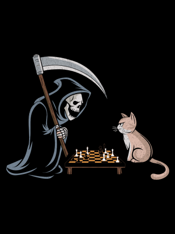 Grim Reaper vs Cat Chess Match - Dark Humor Design