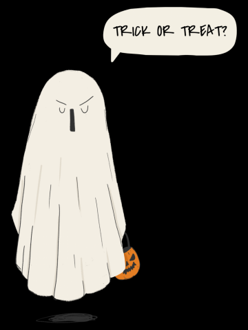 Grumpy Ghost Holding Halloween Pumpkin for Trick or Treating