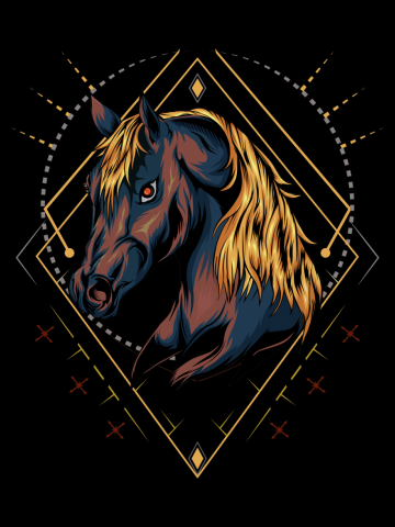 Horse head illustration with sacred background in the dark. design for t shirt , apparel template.