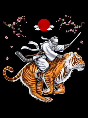 Japanese Cat Samurai Ninja Riding Tiger