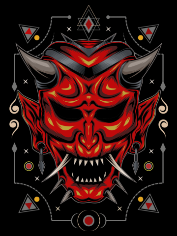Kabuki illustration. red devil face illustration. vector head of red demon. Japanese demon mask