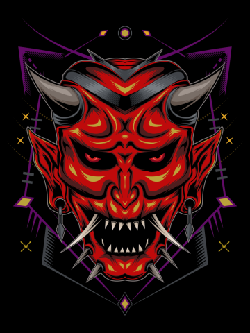 Kabuki illustration. red devil face illustration. vector head of red demon. japanese demon mask
