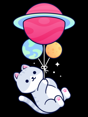 Kawaii Cat Playing with Balloons in Space
