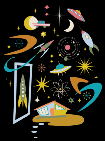Mid Century Architecture in Space - Retro design in pastels on Navy by Cecca Designs
