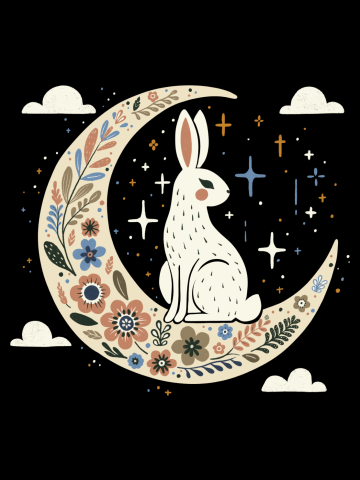 Moon Rabbit with flowers and stars