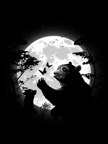 Mother bear playing with butterflies under the moon