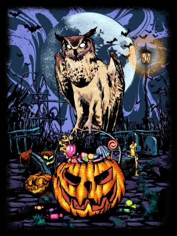 Mysterious owl handing out halloween candy with spooky pumpkin...