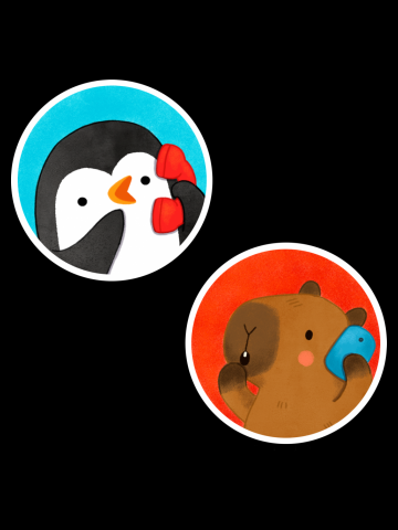 Penguin and Capybara talking on the phone