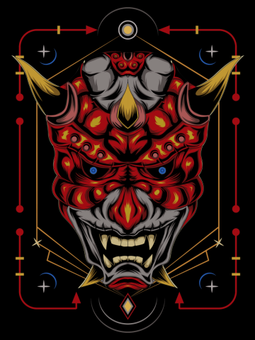 Red devil face illustration. vector head of red demon. Japanese demon mask