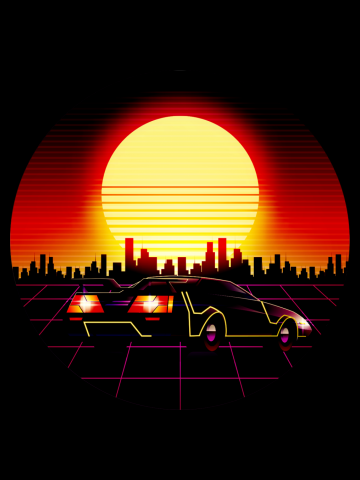 Retro Synthwave Vaporwave 80s Style Design - Car - Skyline Silhouette Image - Vintage Sunset