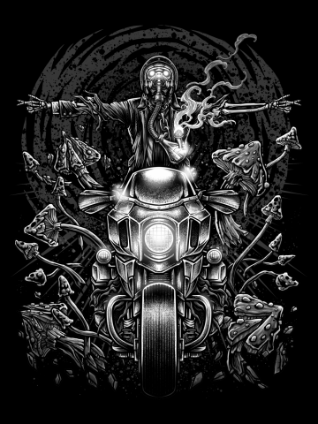 Skeleton biker and magic mushrooms