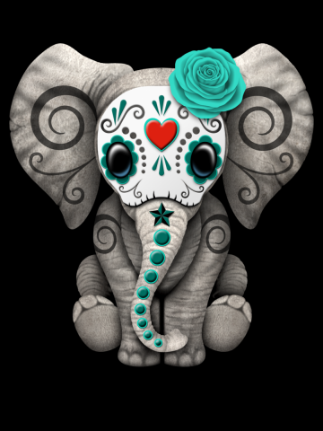 Teal Blue Day of the Dead Sugar Skull Baby Elephant