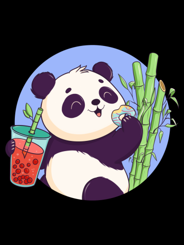 The cute panda enjoys bubble tea and a donut among bamboo trees