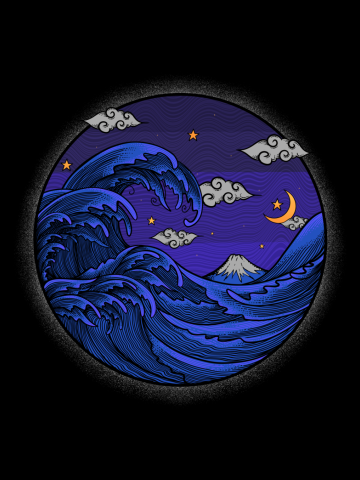 The great wave at night - engravings style