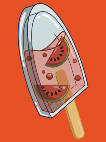 Delicious strawberries floating in strawberry juice inside a glass translucent iced lolly pop