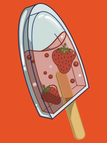 Delicious strawberries floating in strawberry juice inside a glass translucent iced lolly pop