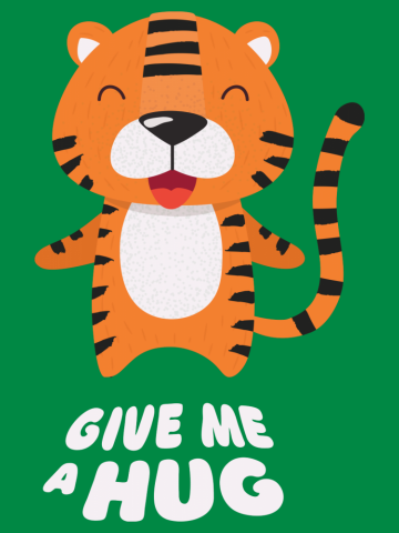 Cute red striped little tiger smiles and hugs.