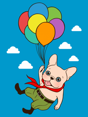 Cute Frenchie is flying away with balloons for his adventure