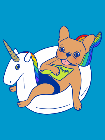 Frenchie enjoys summer on unicorn pool float in swimming pool