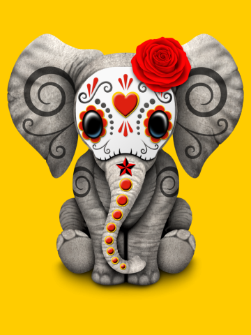 Red Day of the Dead Sugar Skull Baby Elephant