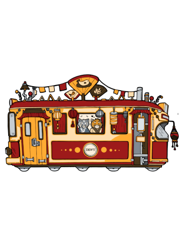 Asian Tram with Raccoon and red Panda