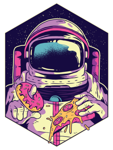 Astronaut eating Donut and Pizza
