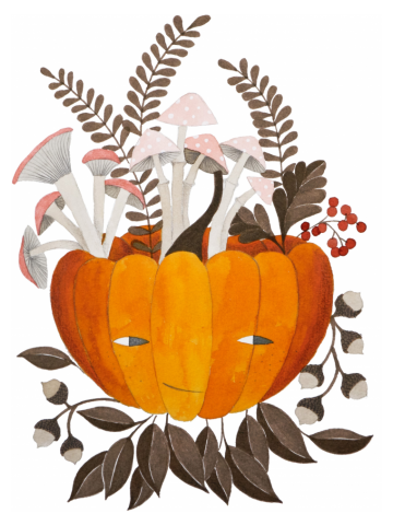 Autumn pumpkin with pink mushrooms watercolor illustration