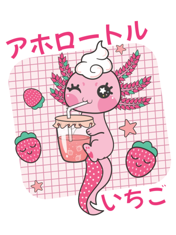 Baby Axolotl Drinking Strawberry Smoothie - Pink Axolotl Colour In Japanese Anime Style