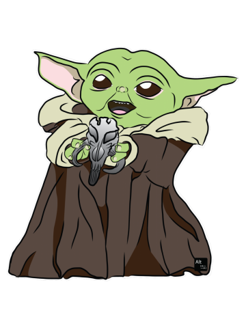 Baby Yoda with Mandalorian Skull