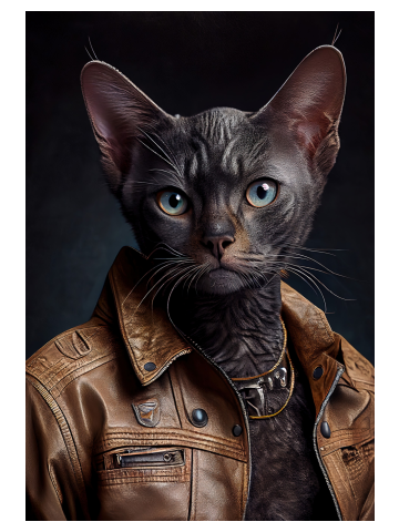 Black Devon Rex cat wears a leather jacket Cat Breed Portrait
